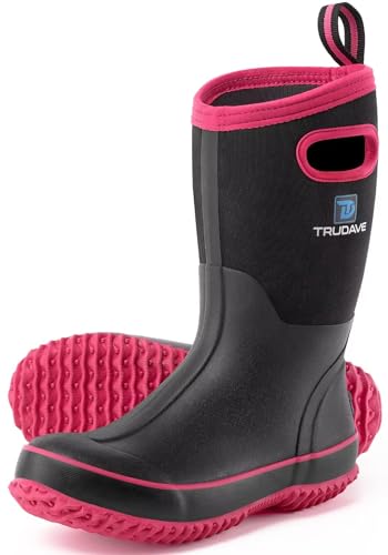 Trudave Rubber Boots for Women, Mid Calf Rain Boots, Womens Waterproof Boots, Neoprene Insulated Work Boots, Outdoor Mud Boots for Hunting Farming Gardening Fishing, Pink, Size 5