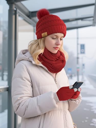URATOT Winter Warm Sets Knitted Scarf Beanie Pompom Hat Touch Screen Gloves and Winter Ear Warmer Set for Men or Women