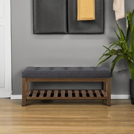 24KF Large Rectangular Upholstered Tufted Linen Fabric Ottoman Bench, Padded