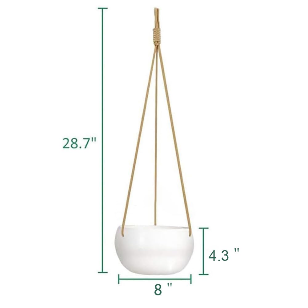 TIGKHAE Ceramic Hanging Planters for Indoor Outdoor Plants,8 in Modern Plant Pot Round Porcelain Hanger Basket with Rope Hanging Plant Holder Drainage Flower Pot for Herbs Ferns Ivy Pothos,White