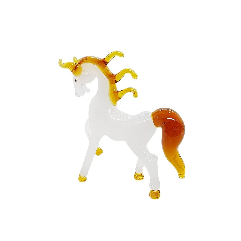 WitnyStore Tiny 1¾" High White Brown Walking Horse Figurine - Miniature Hand Blown Painted Glass Horses Stallion Mare Foal Pony Small Crystal Animals Decorative Collectible Figures Décor Gifts