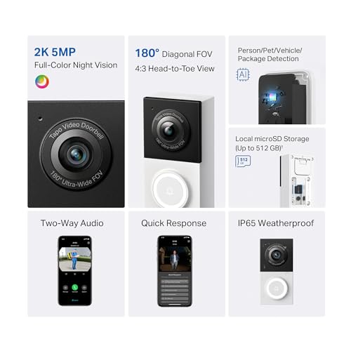 Tapo Smart Video Wireless Doorbell Camera - 2K, 160° Ultra-Wide View, Up to 180 Days Battery, Alexa, Google Assistant Compatible, Free AI Person Detection, IP54, SD/Cloud Storage, D205