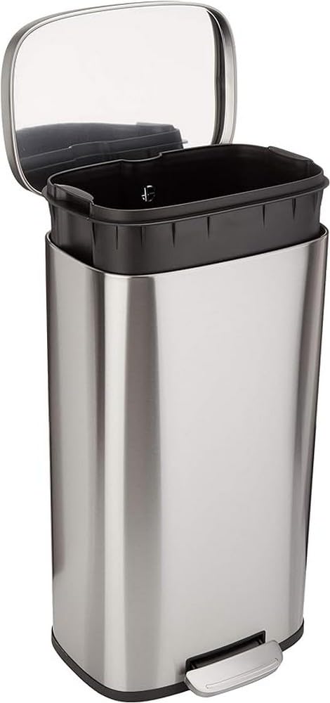 Amazon Basics Smudge Resistant Rectangular Trash Can With Soft-Close Foot Pedal, Brushed Stainless Steel, 50 Liter/13.2 Gallon, Satin Nickel Finish, 16.7"L x 14.7"W x 25.9"H