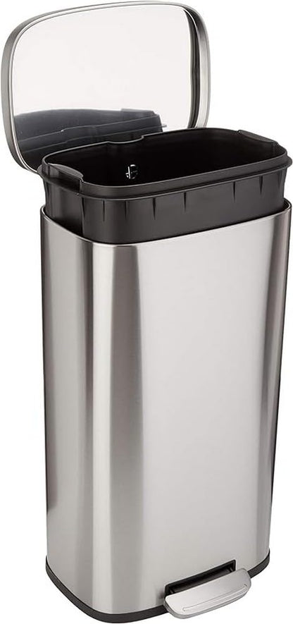 Amazon Basics Smudge Resistant Rectangular Trash Can With Soft-Close Foot Pedal, Brushed Stainless Steel, 50 Liter/13.2 Gallon, Satin Nickel Finish, 16.7"L x 14.7"W x 25.9"H