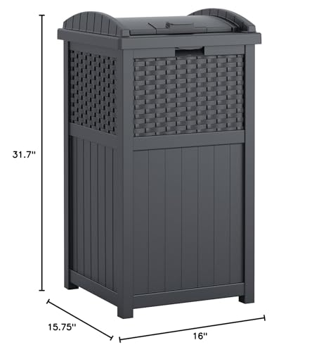 Suncast 33 Gallon Wicker-Style Hideaway Trash Can with Secure Latching Lid and Weather-Resistant Construction for Patio, Cyberspace Grey, Made in the USA