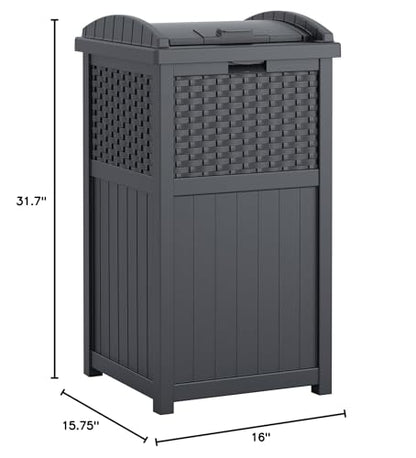 Suncast 33 Gallon Wicker-Style Hideaway Trash Can with Secure Latching Lid and Weather-Resistant Construction for Patio, Cyberspace Grey, Made in the USA