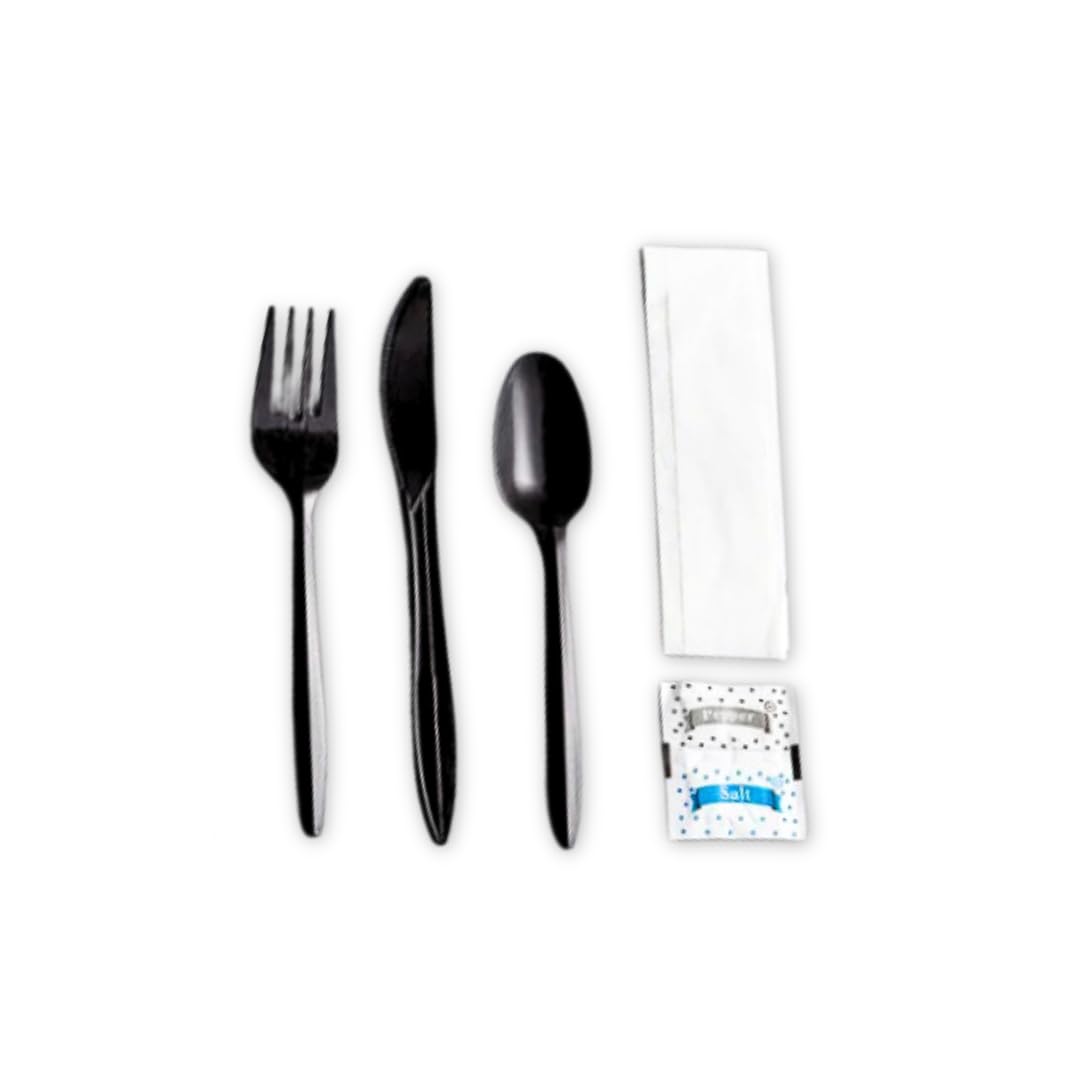 Global Basics Disposable Plastic Cutlery Packs | 125 Individually Wrapped Black Plastic Cutlery Sets | Includes Knife, Fork, Spoon, Napkin and Salt & Pepper Packets | 125 Total (125, Black Plastic)