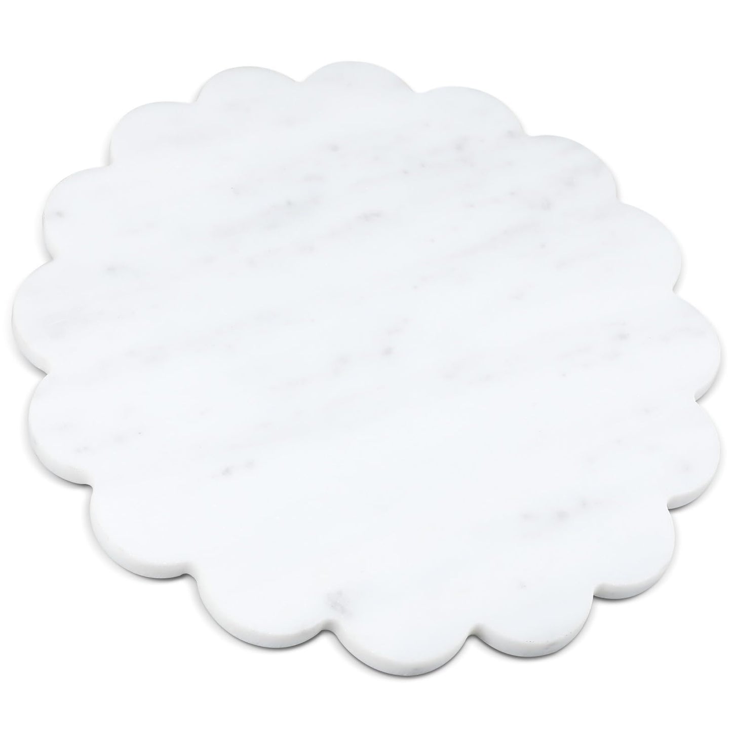 Newtay 12 Inches Marble Cutting Board Round Marble Tray White Scalloped Board with Non Slip Decorative Pastry Tray for Kitchen Pizza Cake Bread Baking Cheese Display