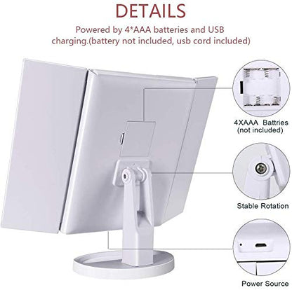 PUVLISZ Vanity Cosmetic/Makeup Mirror with 22 LED Lights, Touch Screen, Magnification Tri-Fold 2X 3X Magnifying, 180° Free Rotation, Dual Power Supply White