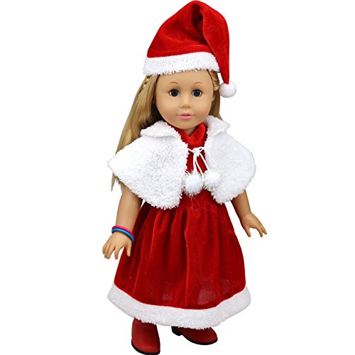TianBo 18 inch Girl Doll Clothes 3pc Christmas Red Color Including Hat Shawl Dresses Outsuits Fits 18 Inch Girl Dolls, ZKB902