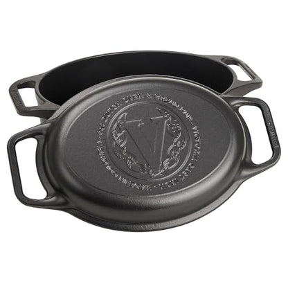 Victoria Dutch Oven Pot and Pan Induction Enamelled Cast Iron 31 cm Oval, Set of 2 Cocotte 5.7 L, PTFE and PFOA Free, Suitable for Fire, Barbecue, Oven, Ceramic Hob, Gas