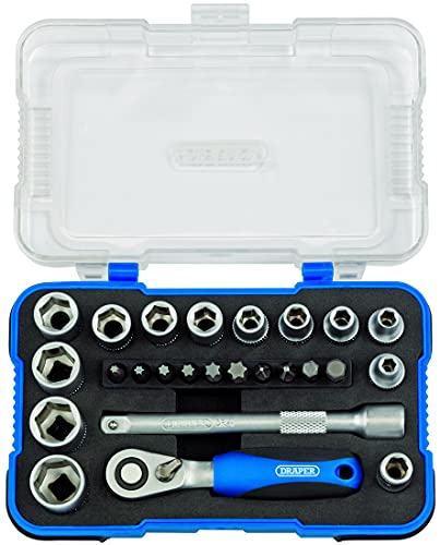 Draper 1/4" 25 Piece Square Drive Metric Socket Set | Micrometre Reversible Hand Tool |Soft Grip Ratchet | 12 Metrics Sockets Mechanics Car Tools | Plastic Storage Case | Hex Bit Adaptor | 16354