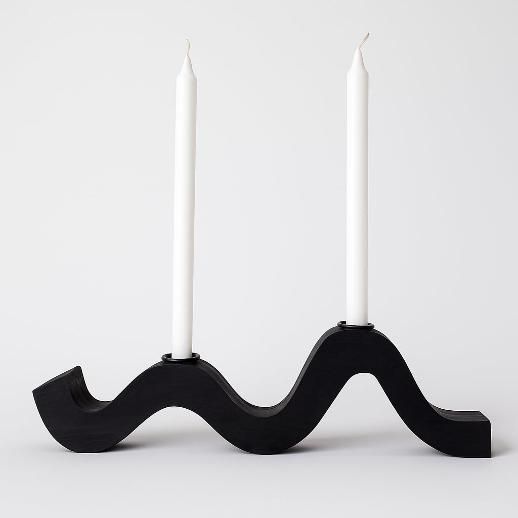 Remenna Balck Taper Candle Holder Modern Wave Candlesticks Wooden Decorative Centerpiece Candle Stands for Table Mantel Wedding Housewarming Gift
