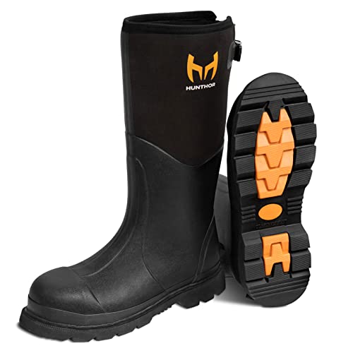 Hunthor Steel Toe Waterproof Neoprene Rubber Work Boots for Men - For Farming, Gardening, Fishing, Outdoor Work