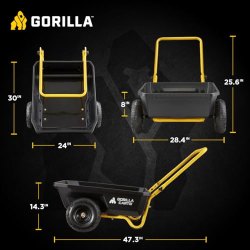Gorilla Carts GCR-4 4 Cu. Ft Poly Yard Cart, 300-pound Capacity, Garden Cart with 30in x 24in impact-resistant poly bed and 10in pneumatic tires, Black/Yellow
