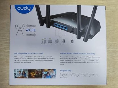 Cudy N300 WiFi Unlocked 4G LTE Cat4 Modem Router with SIM Card Slot, 300Mbps WiFi, MTK Chipset, 5dBi High Gain Antennas, VPN, Cloudflare, LT400