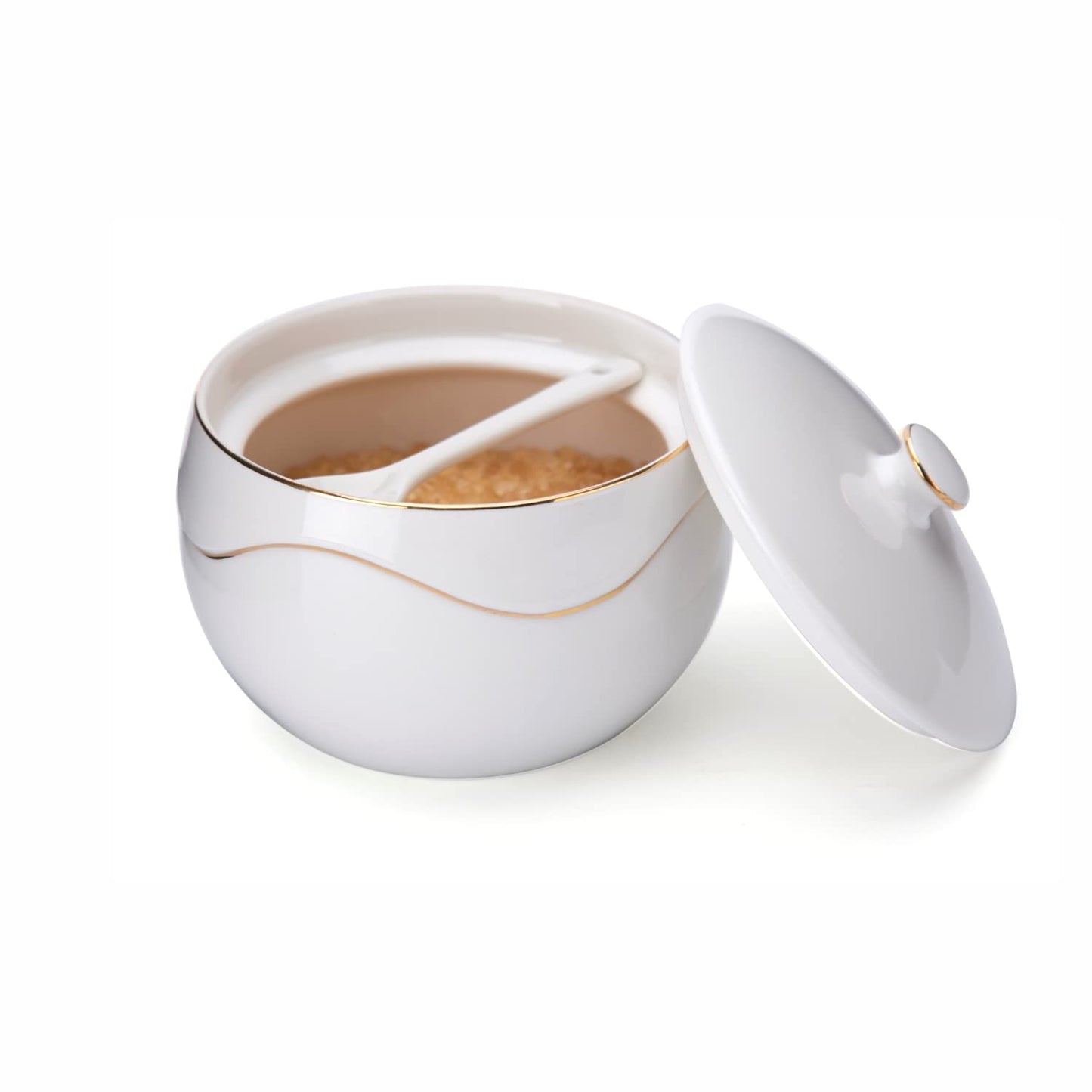 KITCHENDAO Porcelain Sugar Bowl and Acacia Wood Salt Cellar Bowl Box with Spoon