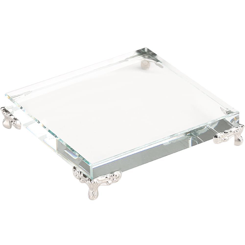 WAYUTO Crystal Glass Square Display Base Transparent Clear Glasses with Metal Supporting Feet Sculpture Decorations Display Stand for Trophy Jewelry Figurines Collectibles Home Decor Silver Supporters