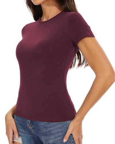 Summer Tops for Women Tight Short Sleeve Shirts Casual Compression T Shirt Fitted Basic Tees(Burgundy,M)