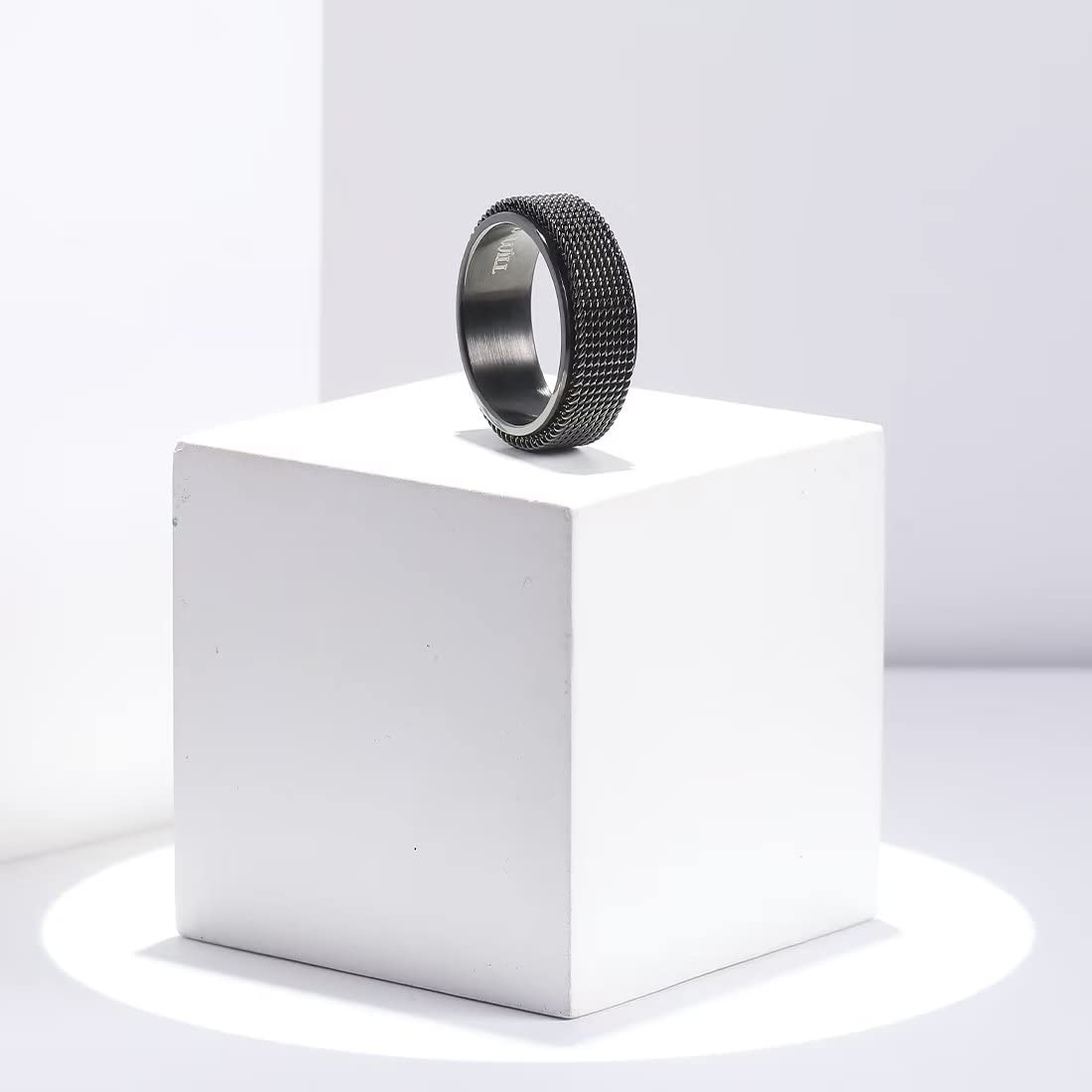 King Will Black 8mm Stainless Steel Chain Mesh Simple Plain Spinner Anxiety Ring for Women Men Wedding Band Ring Fidget Ring Mesh Chain Woven Mesh 10