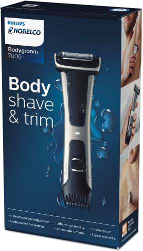 Philips Norelco Body Groomer 7000 Series, Men's Whole Body Groomer, Contour-Following 2D Flexing Head, Triple Protect Shave System & Intimate Body Hair Trimmer, 100% Showerproof, BG7480/50