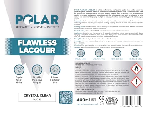 Polar Flawless Clear Lacquer Spray - 400ml - Gloss Finish - Non-Yellowing & Scratch Resistant - Interior & Exterior Surfaces for Wood, Metal, Plastics, Glass & Ceramics