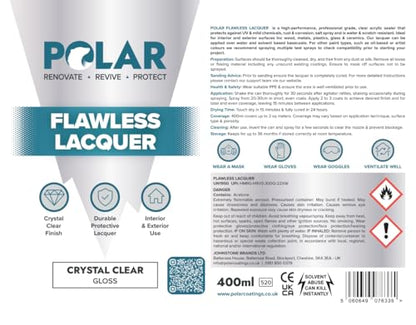 Polar Flawless Clear Lacquer Spray - 400ml - Gloss Finish - Non-Yellowing & Scratch Resistant - Interior & Exterior Surfaces for Wood, Metal, Plastics, Glass & Ceramics