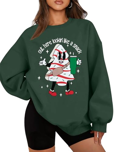 FASHGL Christmas Sweatshirt Women Out Here Looking Like A Snack Shirt Farm Christmas Tree Pullover Casual Xmas Holiday Top Green