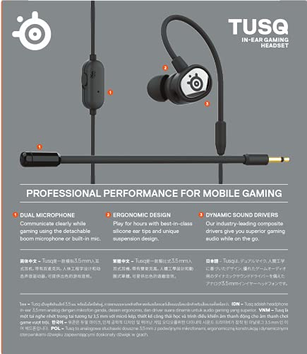 SteelSeries Tusq Gaming Earphones with Detachable Microphone Noise Cancelling for PC/PS/Switch/Smartphone,Ear-Hook,Black,3 Settings to Fit Your Ear Size