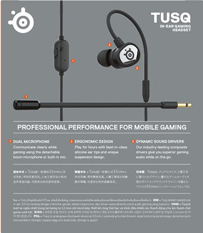 SteelSeries Tusq Gaming Earphones with Detachable Microphone Noise Cancelling for PC/PS/Switch/Smartphone,Ear-Hook,Black,3 Settings to Fit Your Ear Size