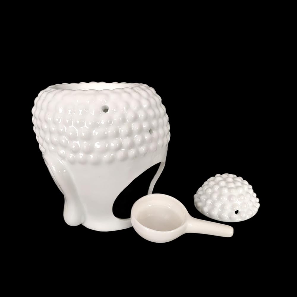 Ceramic Buddha Head Essential Oil Burner with Candle Spoon for Yoga Spa, Aromatherapy Wax Melt Burners Oil Diffuser Tealight Candle Holder for Bedroom Home Garden Decor (White)