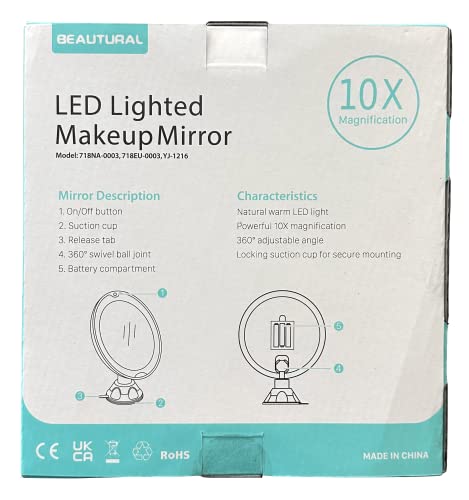 BEAUTURAL Makeup Mirror, 10X Magnifying Lighted Vanity Daylight White LED, Portable Illuminated Bathroom Mirror, 360 Degree Swivel Rotation and Locking Suction