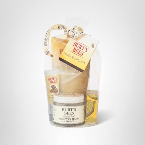 Burt's Bees Christmas Gifts, 3 Body Skincare Stocking Stuffers, Hand Repair Set, 3 Hand Creams plus Gloves - Almond Milk Hand Cream, Lemon Butter Cuticle Cream, Shea Butter Hand Repair Cream