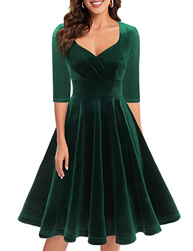 Bbonlinedress Women Long Sleeve Velvet Formal Vintage Cocktail Party Winter Christmas Wedding Guest Dress V-Dark Green XL