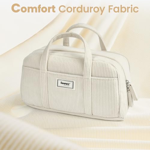 Sooez Large Pencil Case Pouch, Extra Big Pencil Bag with 5 Compartments, Pen Bag Wide Opening, Soft Corduroy Pen Pouch Organizer with Zipper, Cute Aesthetic School Supplies for Teen Girls-Green