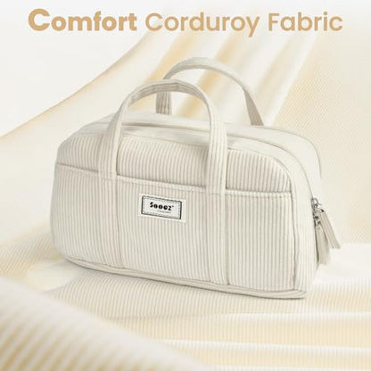 Sooez Large Pencil Case Pouch, Extra Big Pencil Bag with 5 Compartments, Pen Bag Wide Opening, Soft Corduroy Pen Pouch Organizer with Zipper, Cute Aesthetic School Supplies for Teen Girls-Green