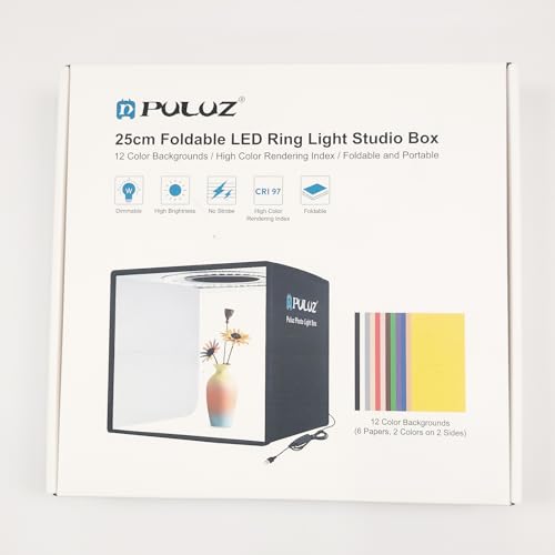PULUZ 9.8 inch/ 25CM Light Box Portable Photo Box Booth with 10 Levels of Adjustable Brightness, High Definition LED Ring Light with 96 Beads and 12 Coloured Backdrops for Product Photography