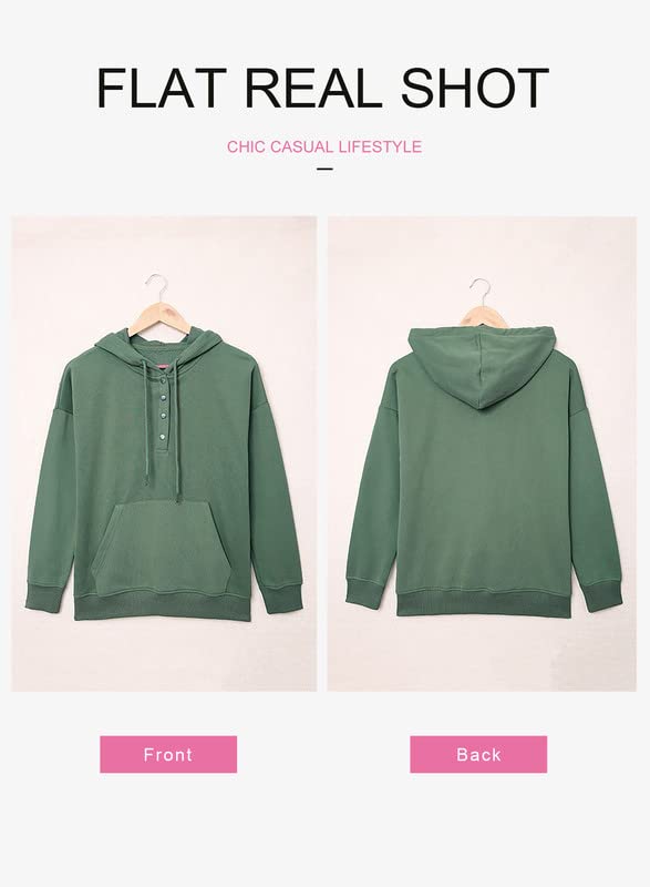 Dokotoo Hoodies for Women Drawstring V Neck Long Sleeve Front Button Collar Hooded Pullover Hoodie with Pockets Christmas Sweatshirt Loose Fit Casual Ladies Shirt Tops Winter Clothing Green X-Large