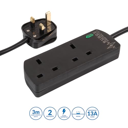 pro elec PELB1953 2 Gang Surge Protected Extension Lead, 3m, Black