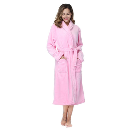 RONGTAI Fleece Robes for Women Plush Soft Warm Long Bathrobe with Pockets - Pink - Large