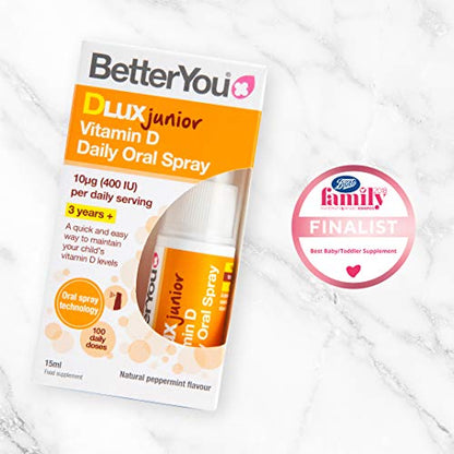 BetterYou Vitamin D 400 IU Junior Daily Oral Spray, Pill-Free Vitamin D3 Supplement for Children, 3-Month Supply, Made in The UK, Natural Peppermint Flavour (Pack of 2)