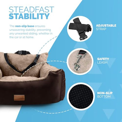Furdreams Dog Car Seat (Brown/Beige - 20kg), Plush & Cosy Pet Car Booster Seat for Small Dogs & Cats with Storage Pocket, Car Dog Bed with Safety Leash, Waterproof Liner & Non-Slip Base,Dog Travel Bed