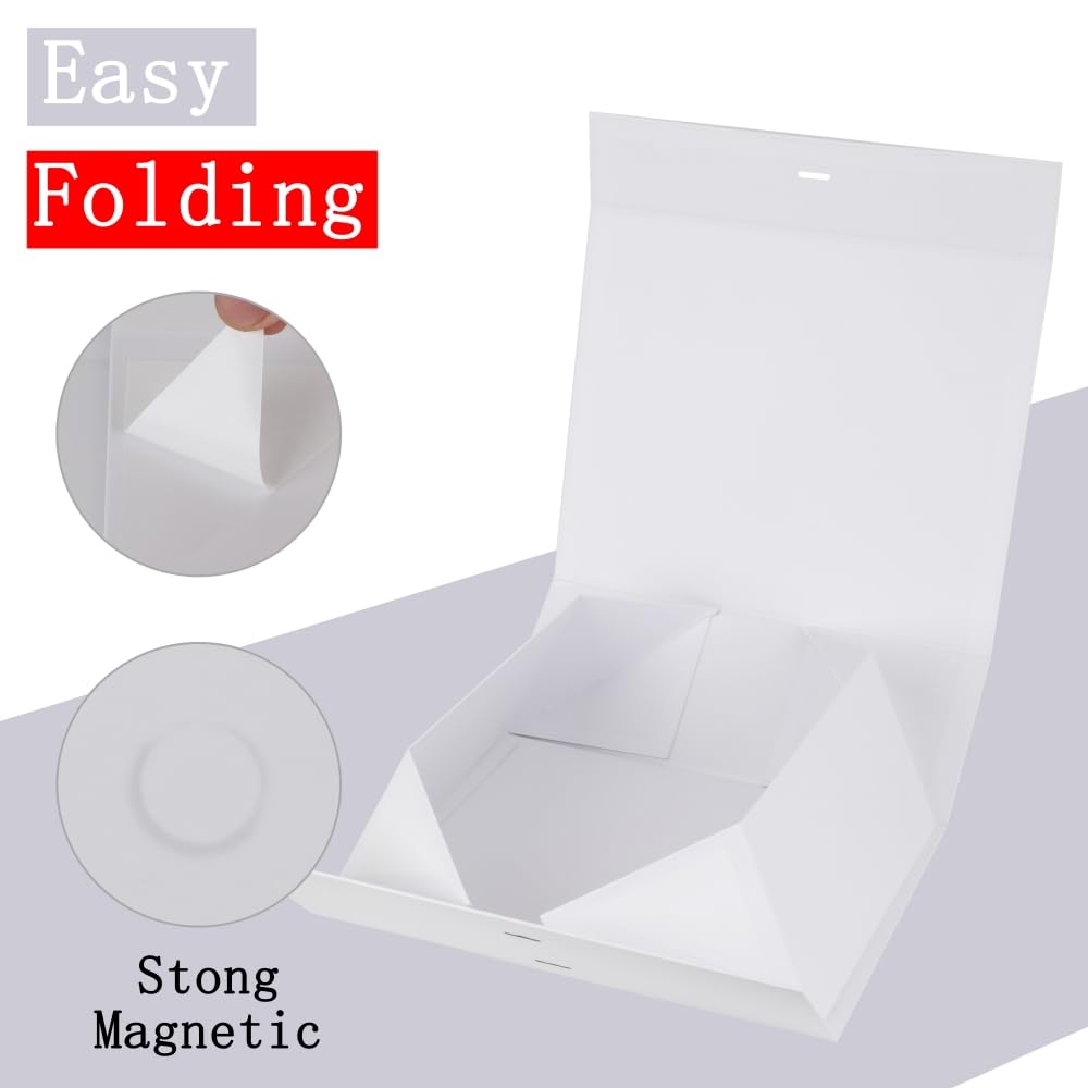 BoxSkivra White Large Gift Box with Ribbon 1 Pack 13X11X5.3 Inch Large Box with Lid Magnetic Closure Rectangle Collapsible Luxury Wrap Box for Weeding Gifts Crinkle Cut Paper Shred with Card