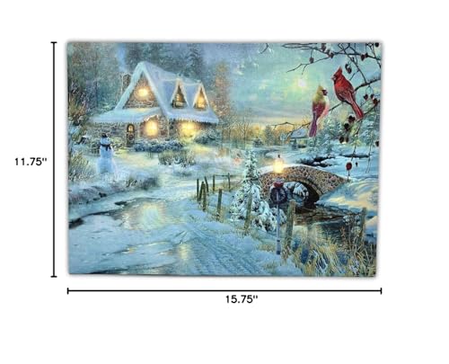 BANBERRY DESIGNS LED Christmas Wall Art - Lighted Cottage Along a Stream Christmas Scene with Cardinals and Snowman - LED Canvas Prints - Old Fashioned Cobblestone Bridge - Measures 11.75" x15.75"
