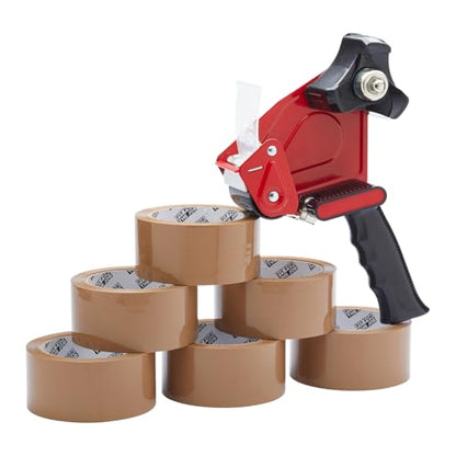 Fit For The Job Brown Parcel Tape Gun and Dispenser - Heavy Duty Packing Tape Dispenser for Efficient Sealing and Packing Needs - 6 Rolls