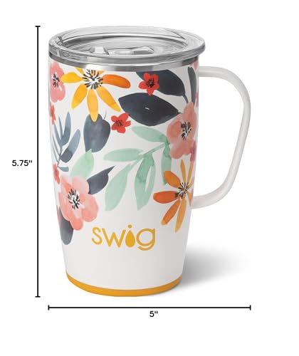 Swig Life 18oz Travel Mug, Insulated Tumbler with Handle and Lid, Cup Holder Friendly, Dishwasher Safe, Stainless Steel, Travel Coffee Cup (Honey Meadow)