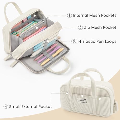 Sooez Large Pencil Case Pouch, Extra Big Pencil Bag with 5 Compartments, Pen Bag Wide Opening, Soft Corduroy Pen Pouch Organizer with Zipper, Cute Aesthetic School Supplies for Teen Girls-Green