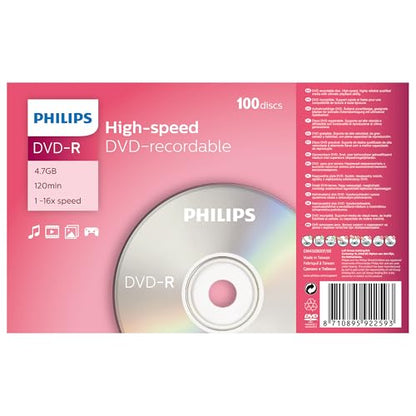 Philips DVD-R blank discs (4.7 GB data / 120 min Video/ 16x High Speed recording) 100 blank discs package - DM4S6B00F/00
