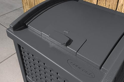 Suncast 33 Gallon Wicker-Style Hideaway Trash Can with Secure Latching Lid and Weather-Resistant Construction for Patio, Cyberspace Grey, Made in the USA