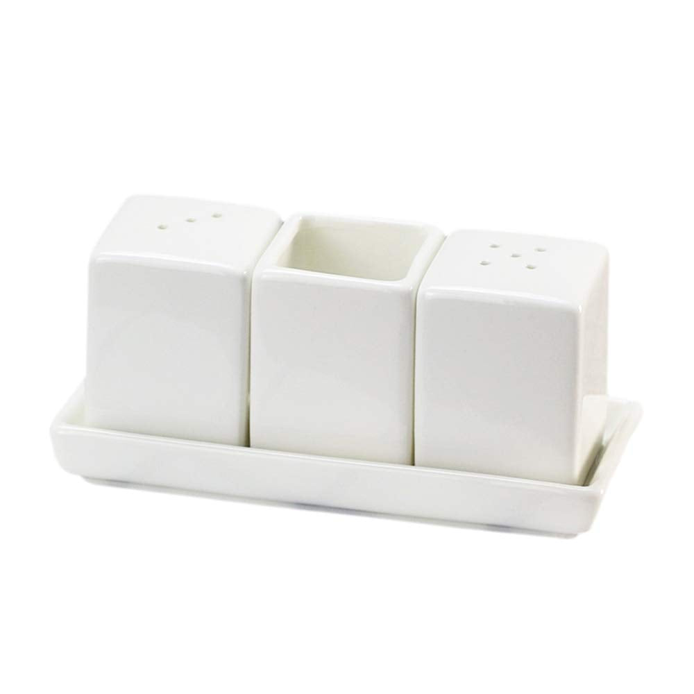 Sizikato Set of 4 Pure White Porcelain Salt and Pepper Shakers and Toothpick Holder and Tray.
